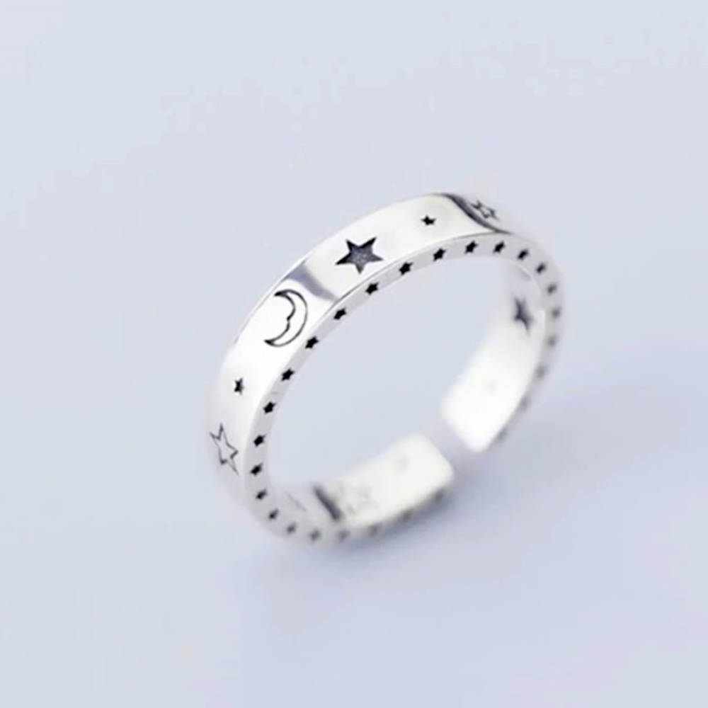 Sterling Silver Trendy Adjustable Celestial  Moon & Stars Adjustable Unisex Ring